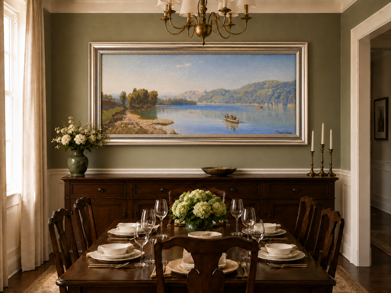 Peinture à l'huile de paysage - Rameur paisible au bord du lac | Peint à la main