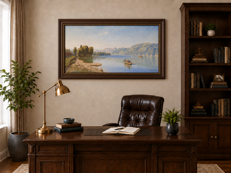 Peinture à l'huile de paysage - Rameur paisible au bord du lac | Peint à la main