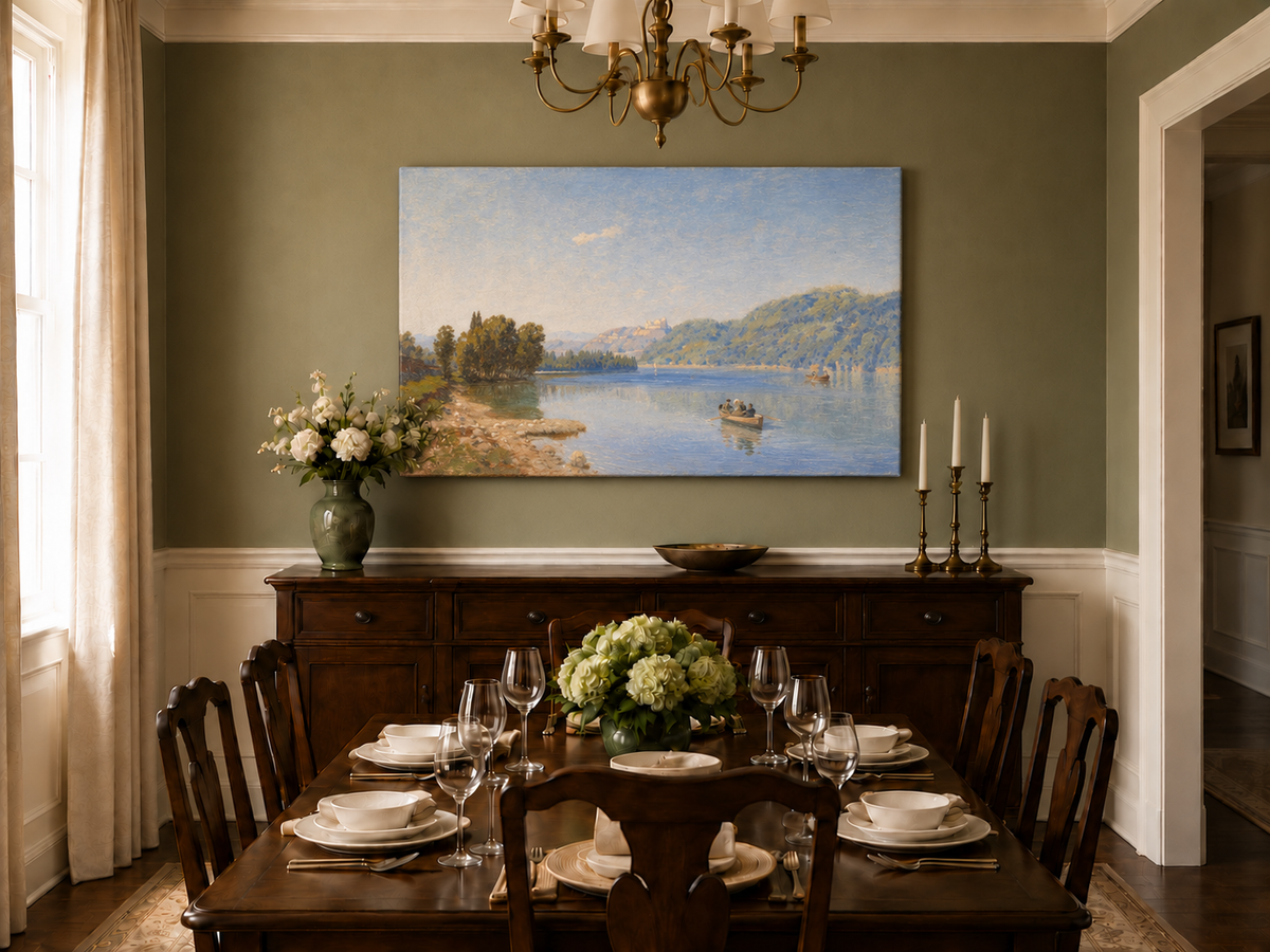 Peinture à l'huile de paysage - Rameur paisible au bord du lac | Peint à la main