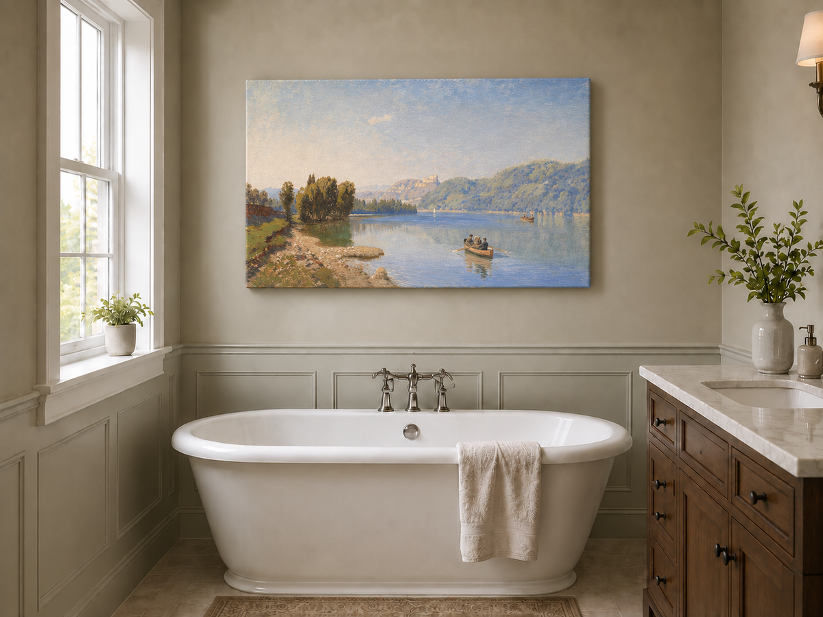 Peinture à l'huile de paysage - Rameur paisible au bord du lac | Peint à la main