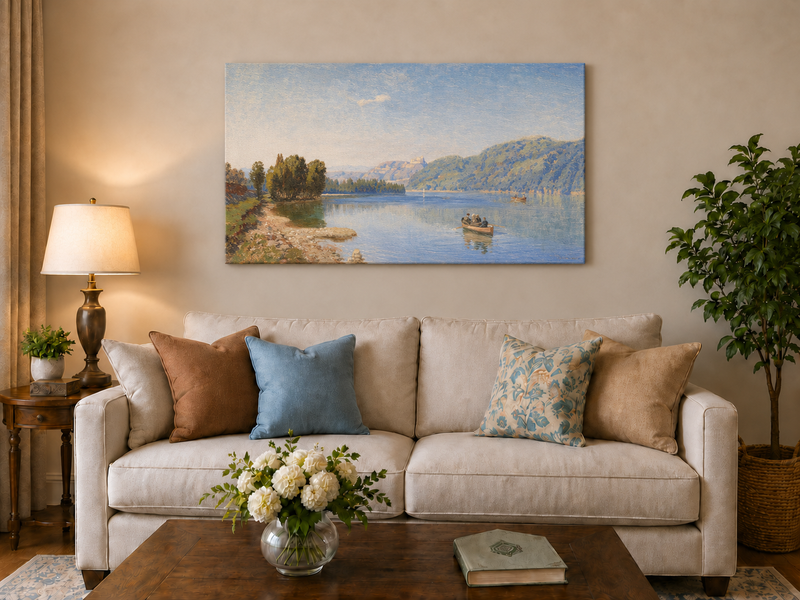 Peinture à l'huile de paysage - Rameur paisible au bord du lac | Peint à la main
