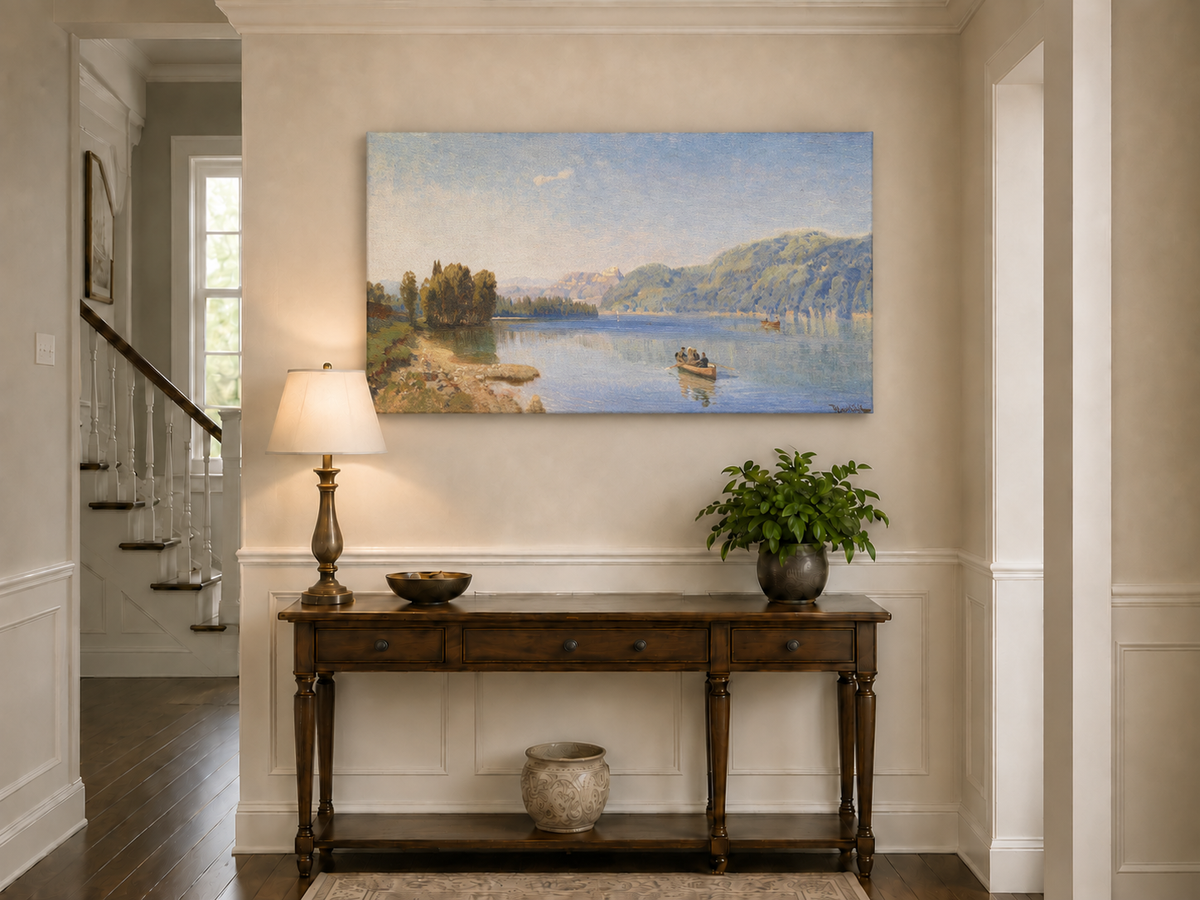 Peinture à l'huile de paysage - Rameur paisible au bord du lac | Peint à la main