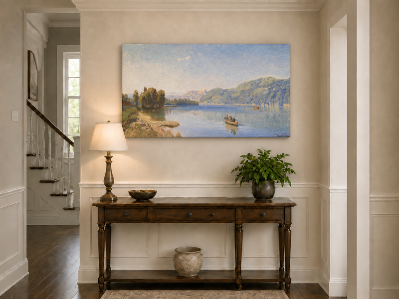 Peinture à l'huile de paysage - Rameur paisible au bord du lac | Peint à la main