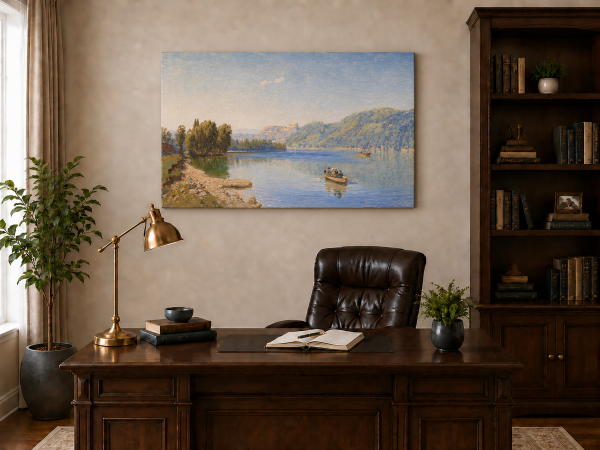 Peinture à l'huile de paysage - Rameur paisible au bord du lac | Peint à la main