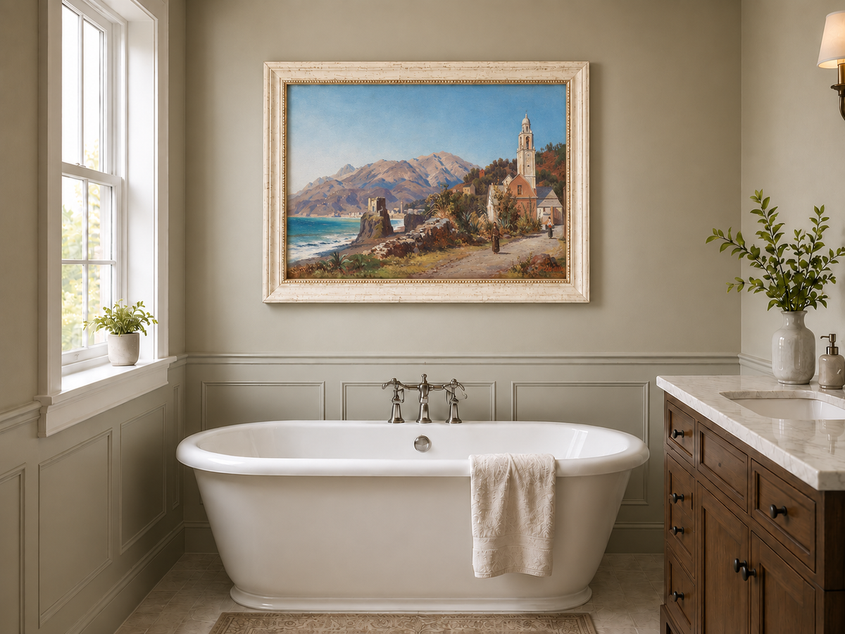 Peinture à l'huile de paysage - Village côtier méditerranéen, Église