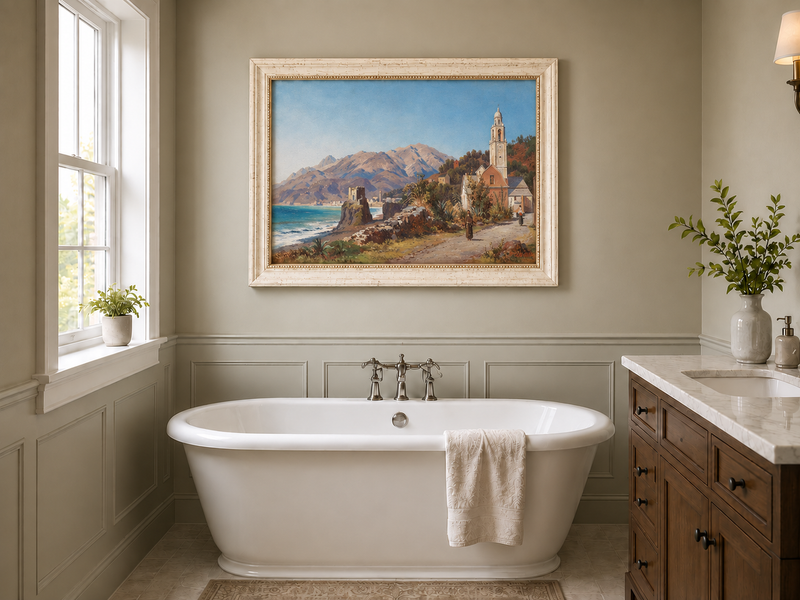 Peinture à l'huile de paysage - Village côtier méditerranéen, Église