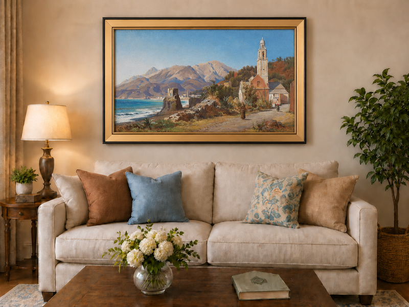 Peinture à l'huile de paysage - Village côtier méditerranéen, Église