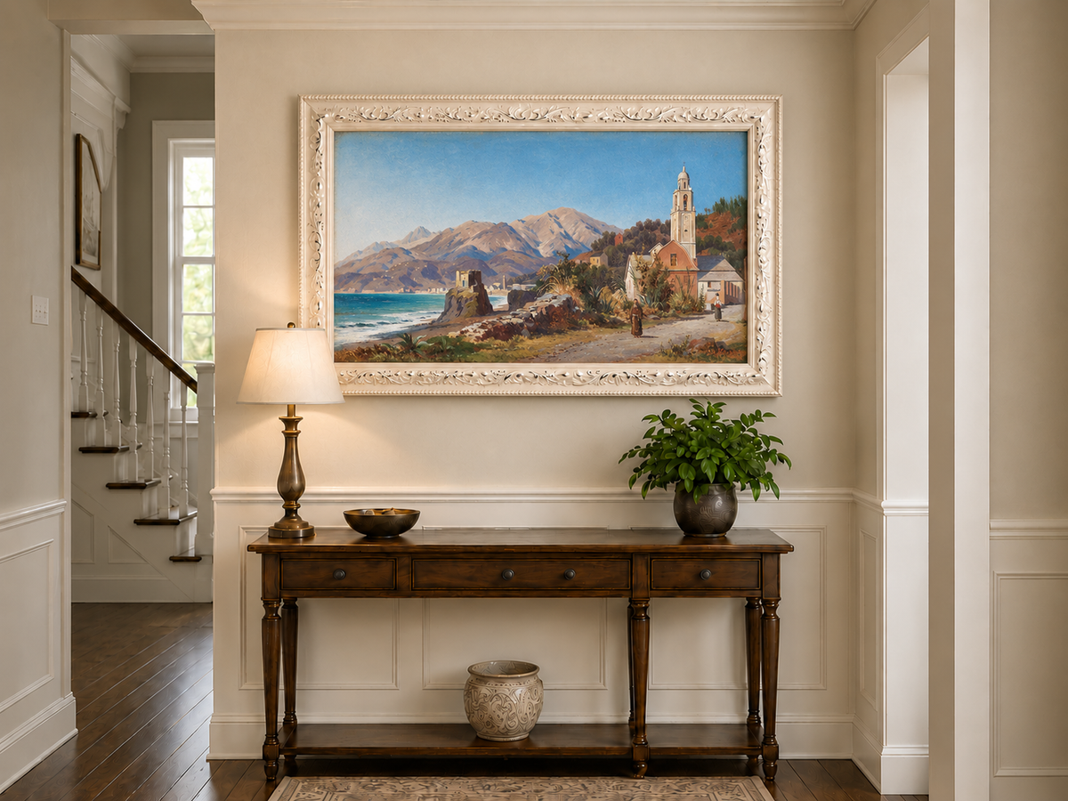 Peinture à l'huile de paysage - Village côtier méditerranéen, Église