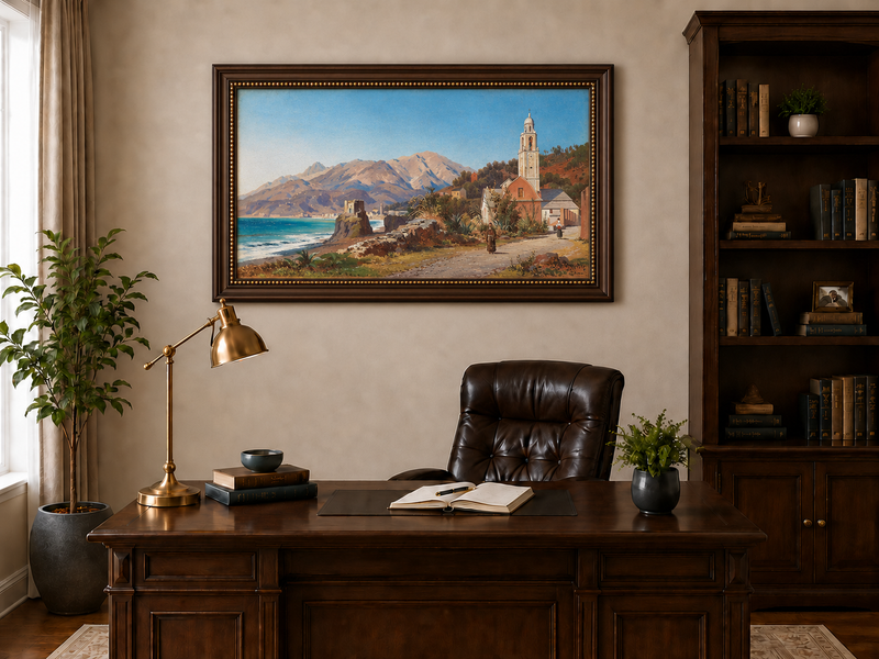 Peinture à l'huile de paysage - Village côtier méditerranéen, Église