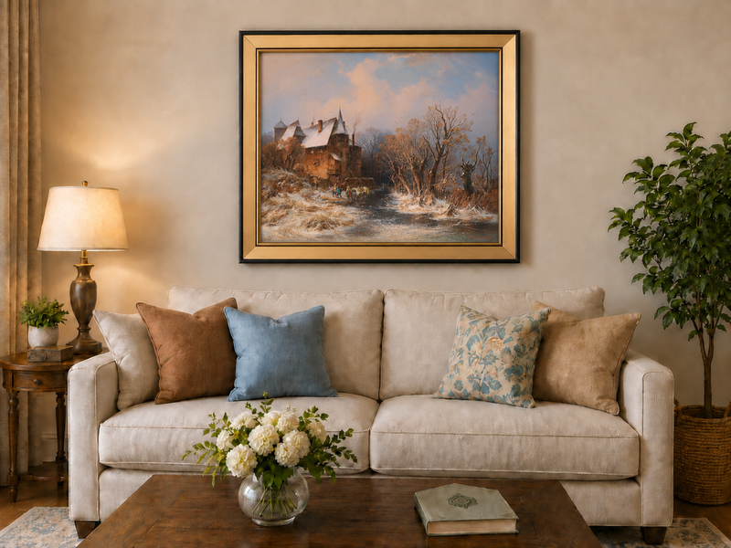 Peinture à l'huile de paysage - Village côtier avec phare et coucher de soleil