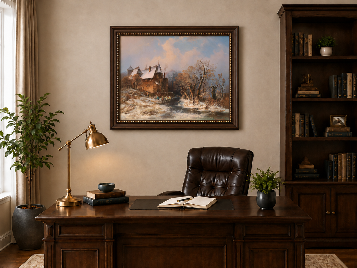 Peinture à l'huile de paysage - Village côtier avec phare et coucher de soleil