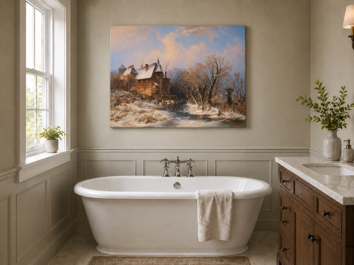 Peinture à l'huile de paysage - Village côtier avec phare et coucher de soleil