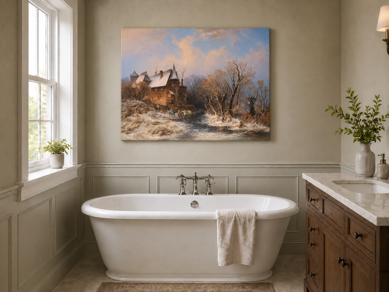 Peinture à l'huile de paysage - Village côtier avec phare et coucher de soleil