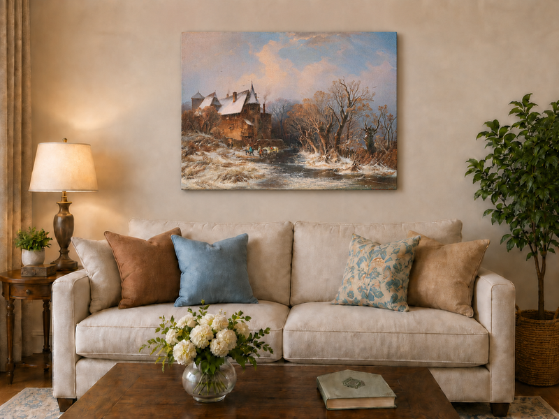 Peinture à l'huile de paysage - Village côtier avec phare et coucher de soleil