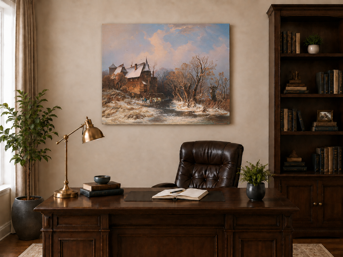 Peinture à l'huile de paysage - Village côtier avec phare et coucher de soleil