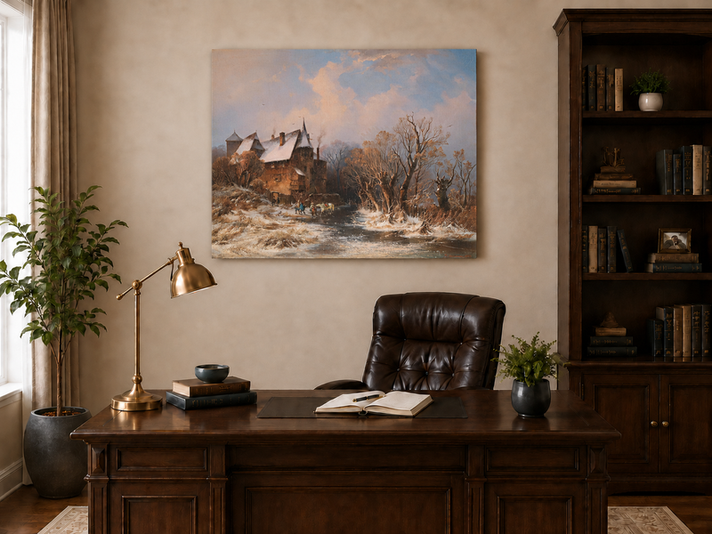 Peinture à l'huile de paysage - Village côtier avec phare et coucher de soleil