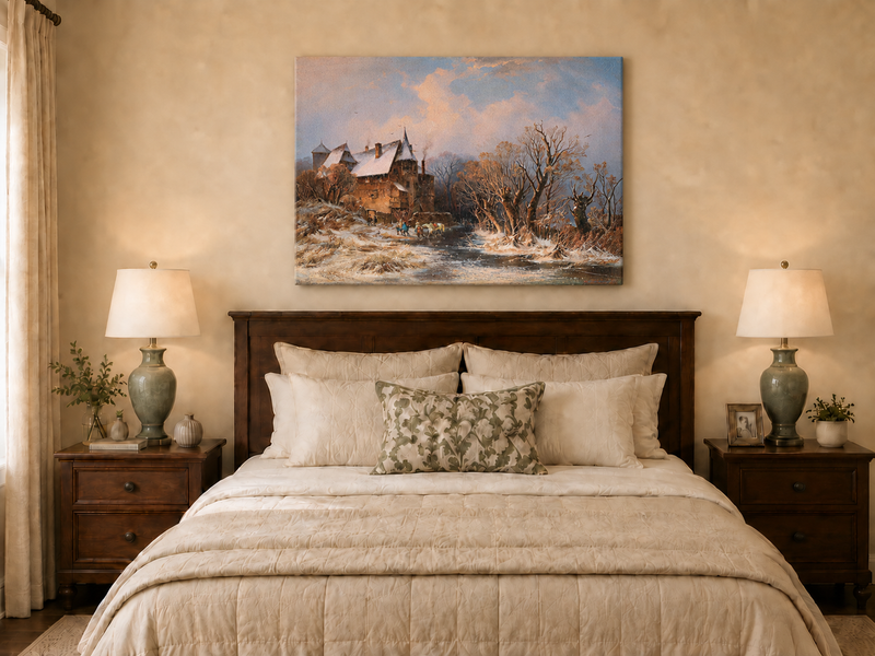Peinture à l'huile de paysage - Village côtier avec phare et coucher de soleil