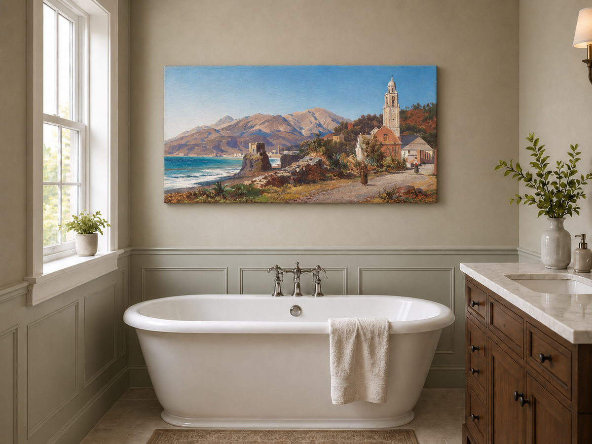 Peinture à l'huile de paysage - Village côtier méditerranéen, Église