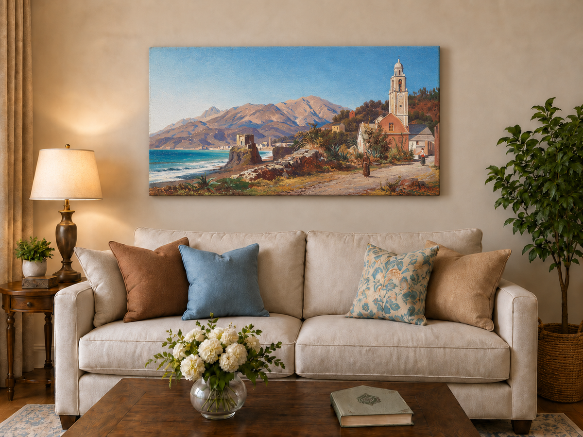 Peinture à l'huile de paysage - Village côtier méditerranéen, Église