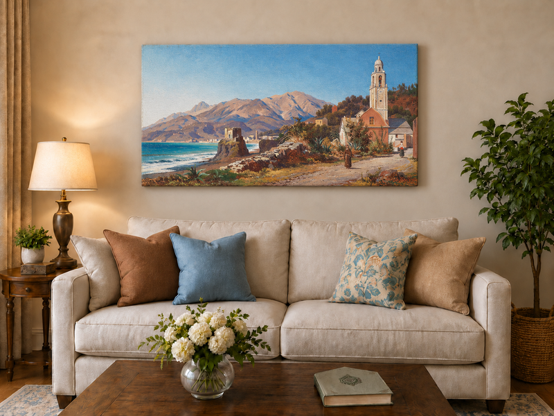 Peinture à l'huile de paysage - Village côtier méditerranéen, Église