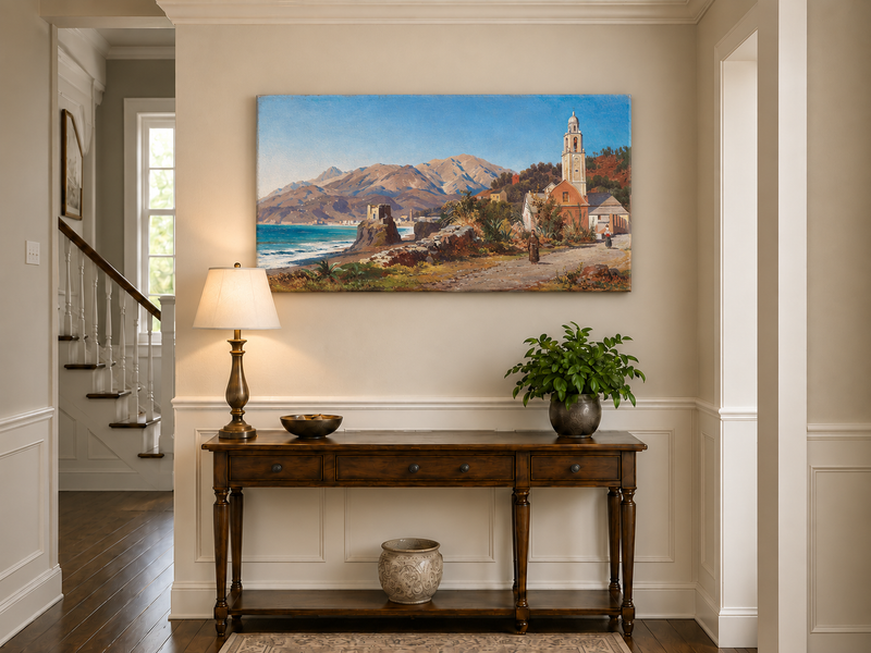 Peinture à l'huile de paysage - Village côtier méditerranéen, Église