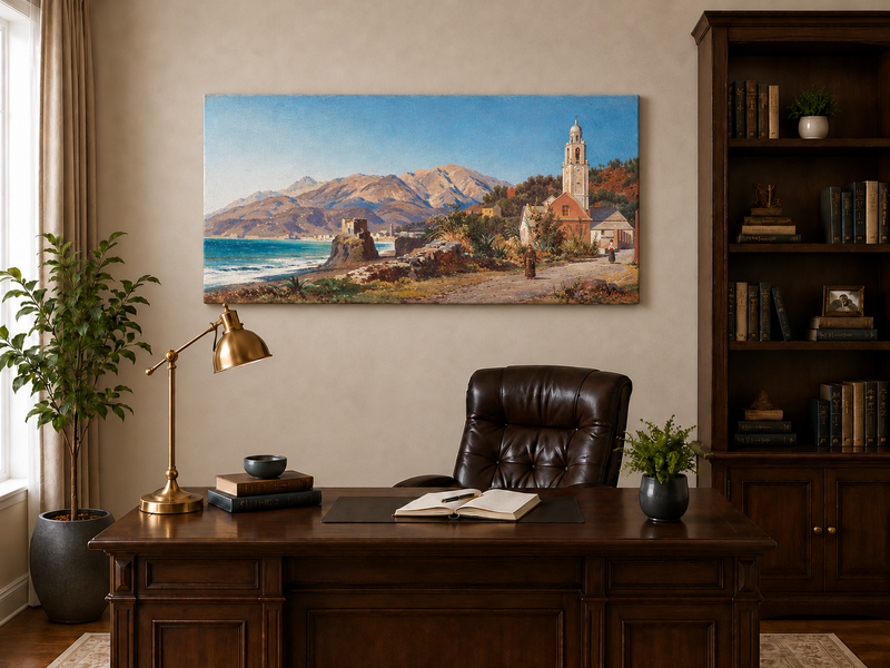 Peinture à l'huile de paysage - Village côtier méditerranéen, Église