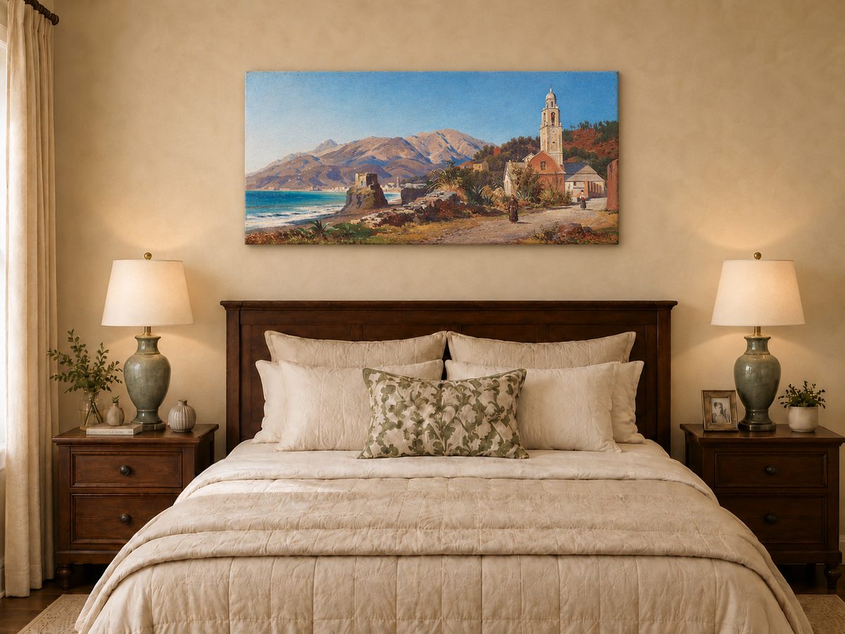 Peinture à l'huile de paysage - Village côtier méditerranéen, Église