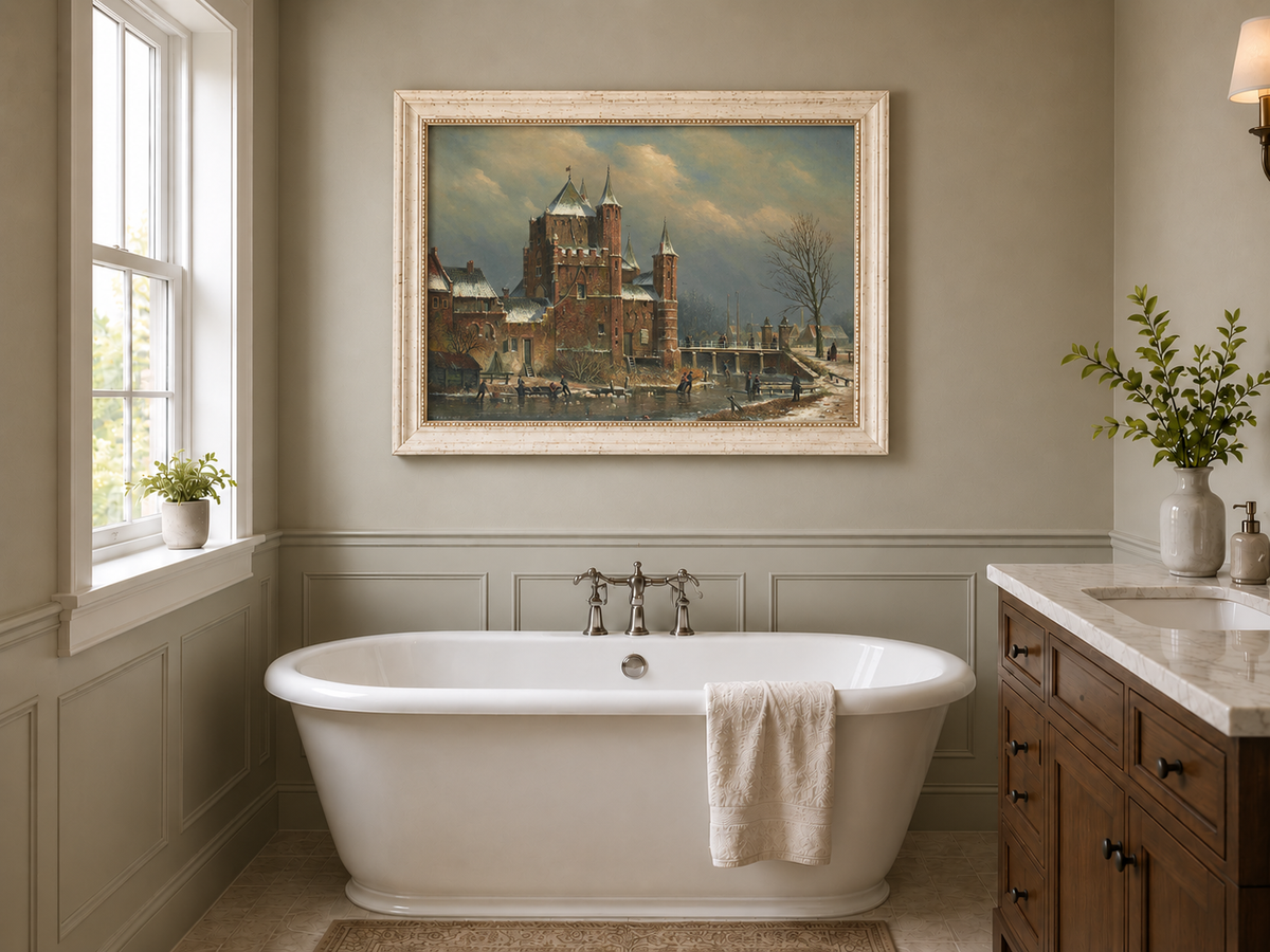 Peinture à l'huile de paysage - Château hivernal au bord du canal avec personnages