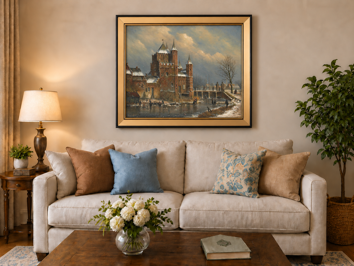 Peinture à l'huile de paysage - Château hivernal au bord du canal avec personnages