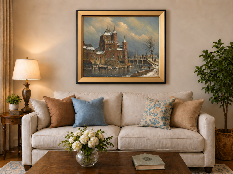 Peinture à l'huile de paysage - Château hivernal au bord du canal avec personnages