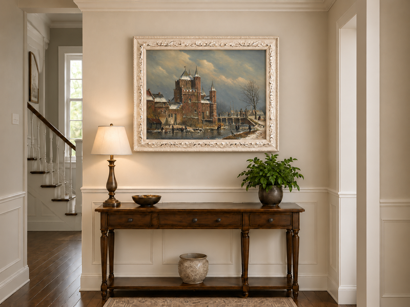 Peinture à l'huile de paysage - Château hivernal au bord du canal avec personnages