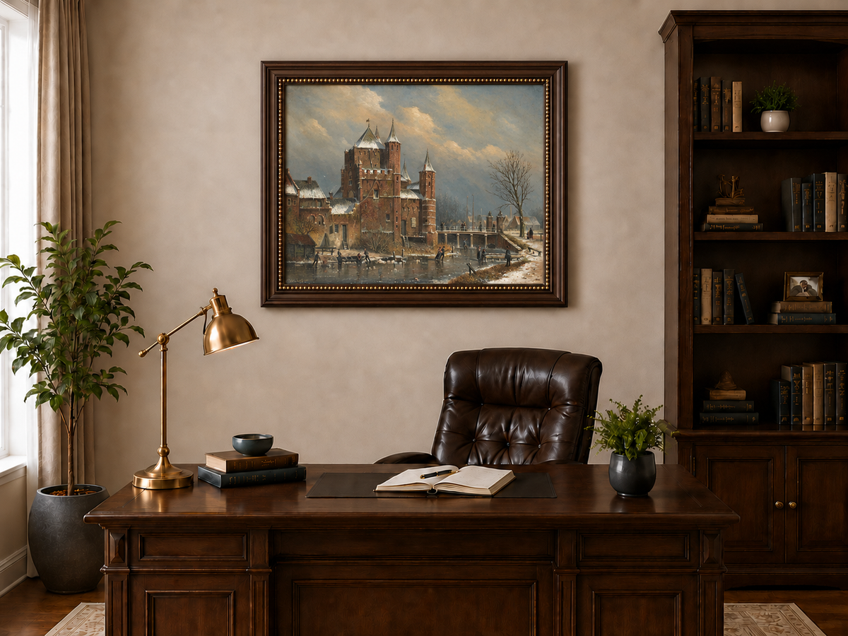 Peinture à l'huile de paysage - Château hivernal au bord du canal avec personnages