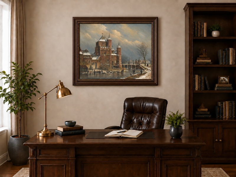 Peinture à l'huile de paysage - Château hivernal au bord du canal avec personnages