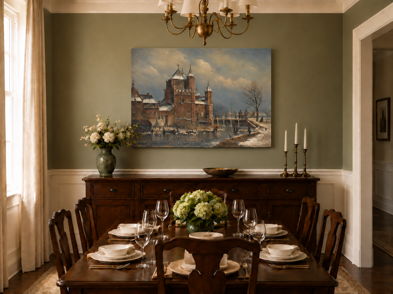Peinture à l'huile de paysage - Château hivernal au bord du canal avec personnages