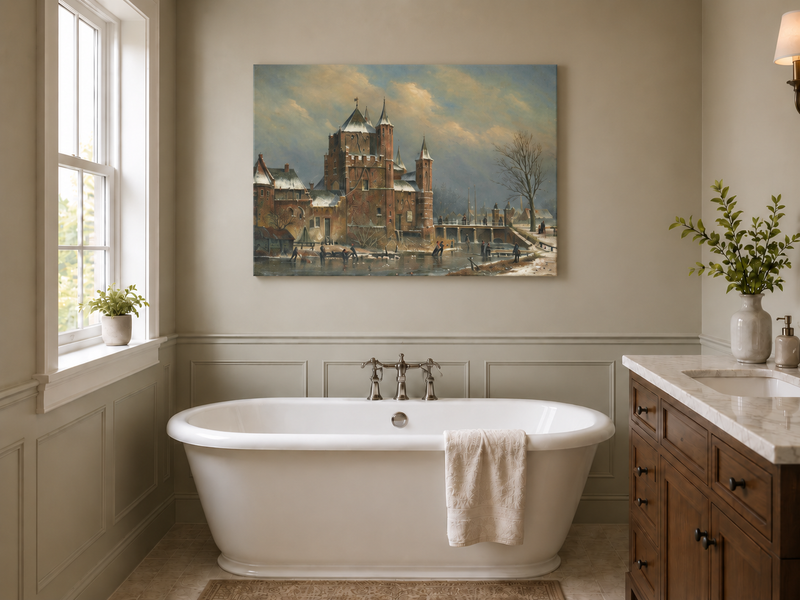 Peinture à l'huile de paysage - Château hivernal au bord du canal avec personnages
