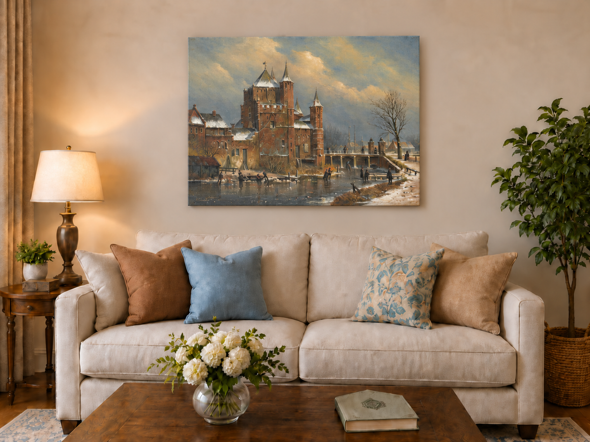 Peinture à l'huile de paysage - Château hivernal au bord du canal avec personnages