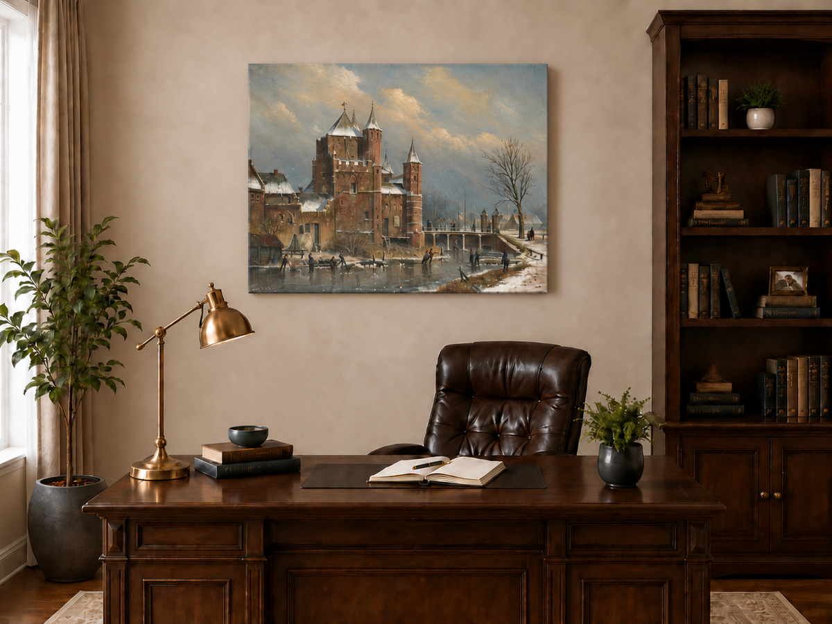 Peinture à l'huile de paysage - Château hivernal au bord du canal avec personnages