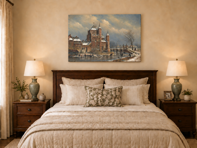 Peinture à l'huile de paysage - Château hivernal au bord du canal avec personnages