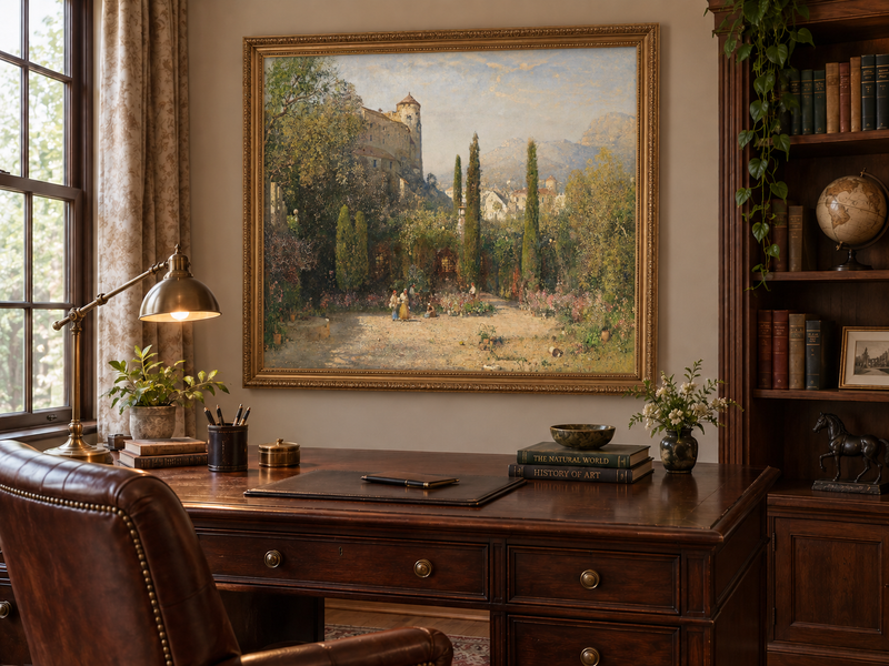 Landscape Oil Painting - Castle Garden Cypress Trees
