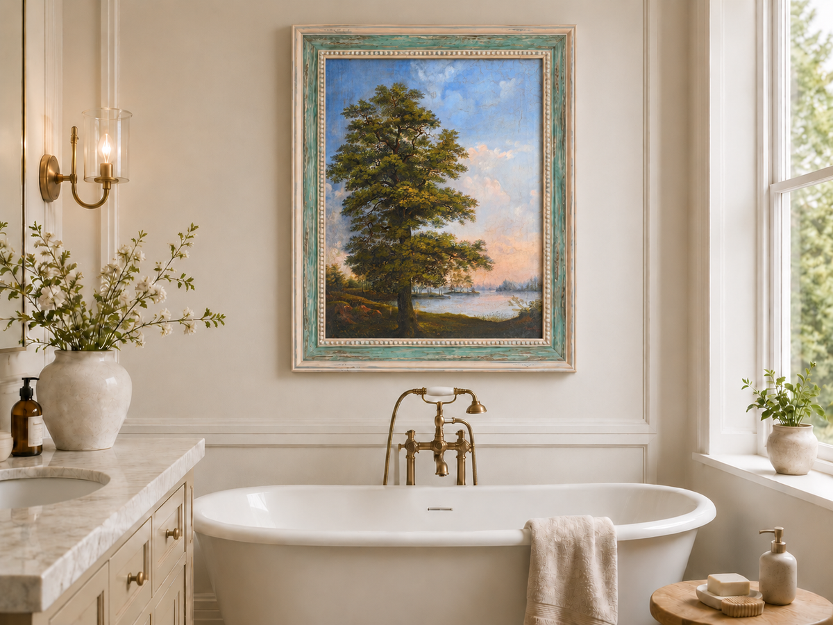 Peinture à l'huile de paysage - Arbre majestueux au bord d'un lac tranquille au coucher du soleil