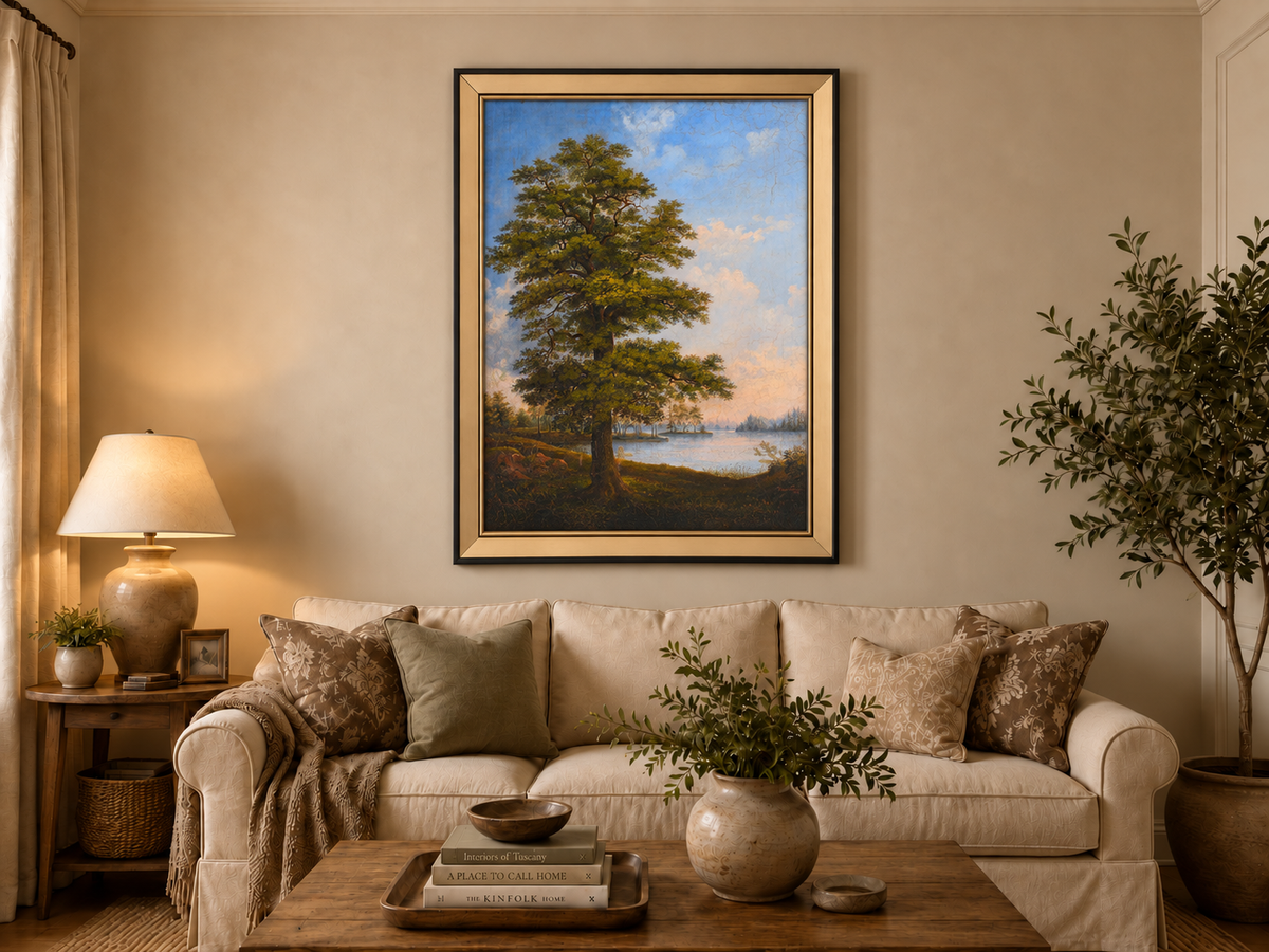 Peinture à l'huile de paysage - Arbre majestueux au bord d'un lac tranquille au coucher du soleil