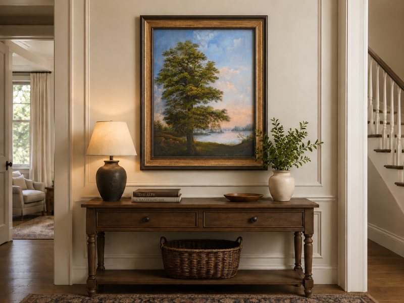 Peinture à l'huile de paysage - Arbre majestueux au bord d'un lac tranquille au coucher du soleil