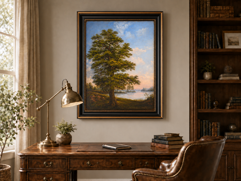 Peinture à l'huile de paysage - Arbre majestueux au bord d'un lac tranquille au coucher du soleil