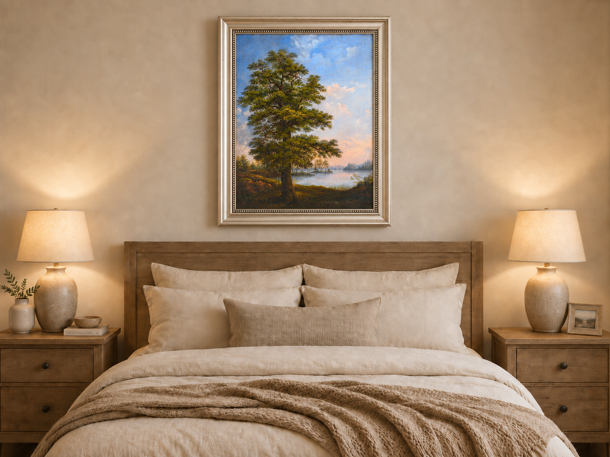 Peinture à l'huile de paysage - Arbre majestueux au bord d'un lac tranquille au coucher du soleil