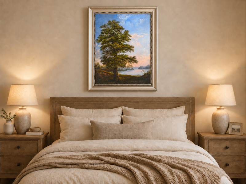 Peinture à l'huile de paysage - Arbre majestueux au bord d'un lac tranquille au coucher du soleil
