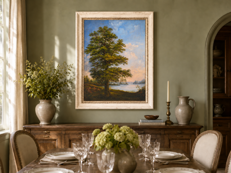 Peinture à l'huile de paysage - Arbre majestueux au bord d'un lac tranquille au coucher du soleil
