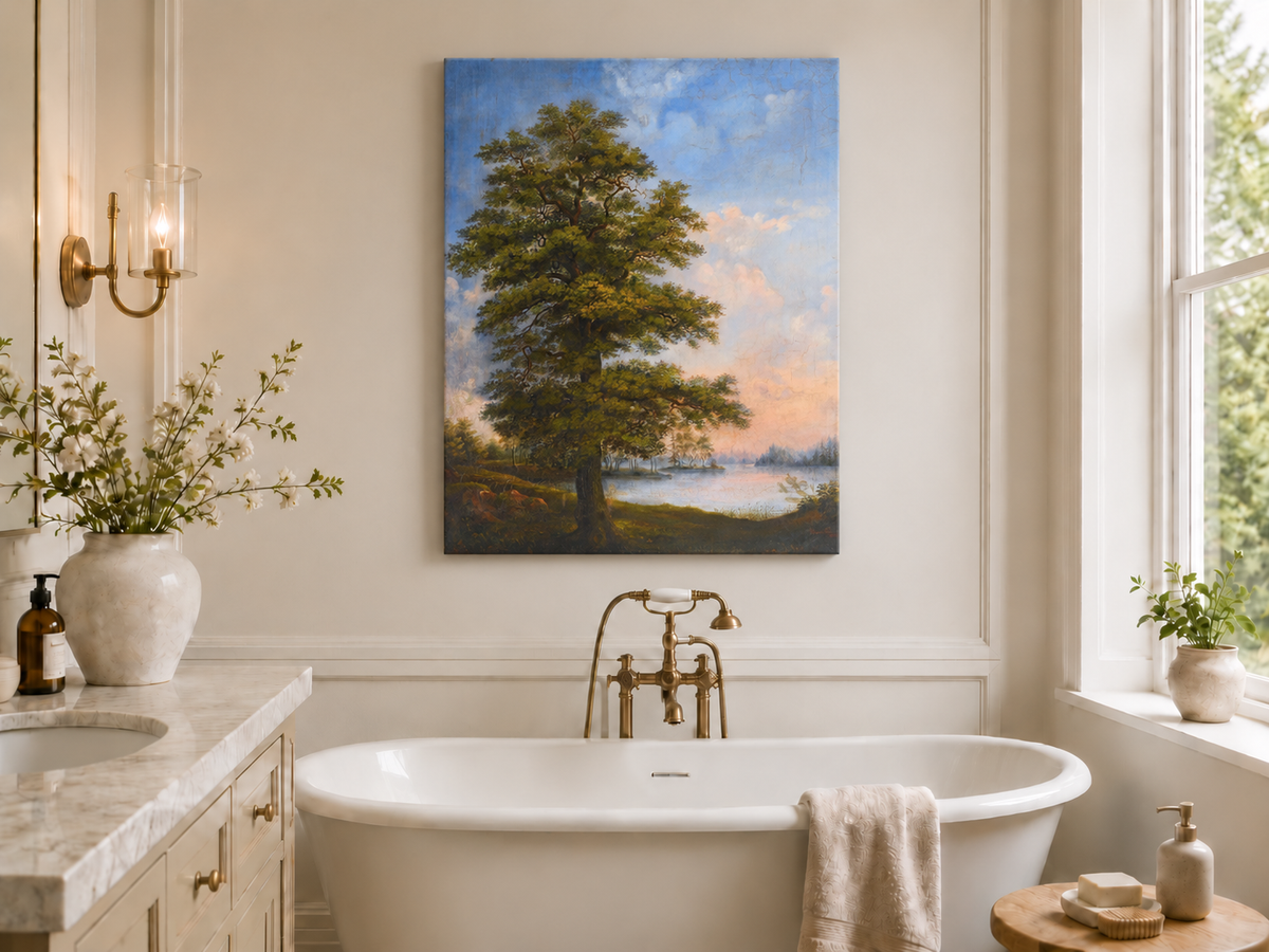 Peinture à l'huile de paysage - Arbre majestueux au bord d'un lac tranquille au coucher du soleil