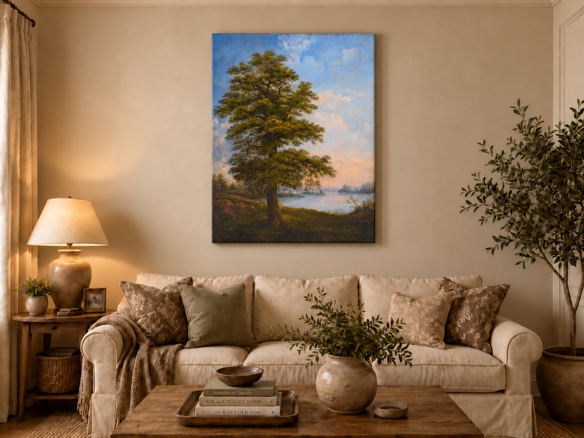 Peinture à l'huile de paysage - Arbre majestueux au bord d'un lac tranquille au coucher du soleil