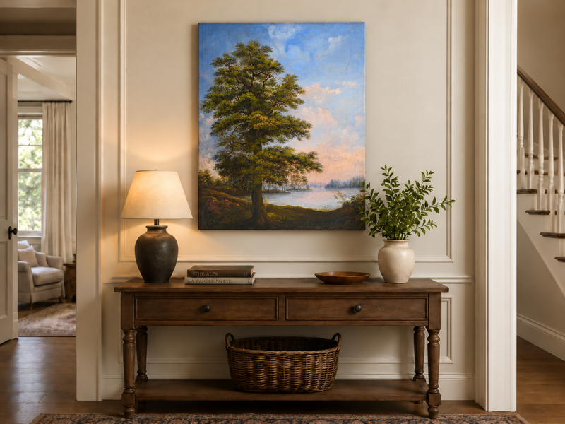 Peinture à l'huile de paysage - Arbre majestueux au bord d'un lac tranquille au coucher du soleil