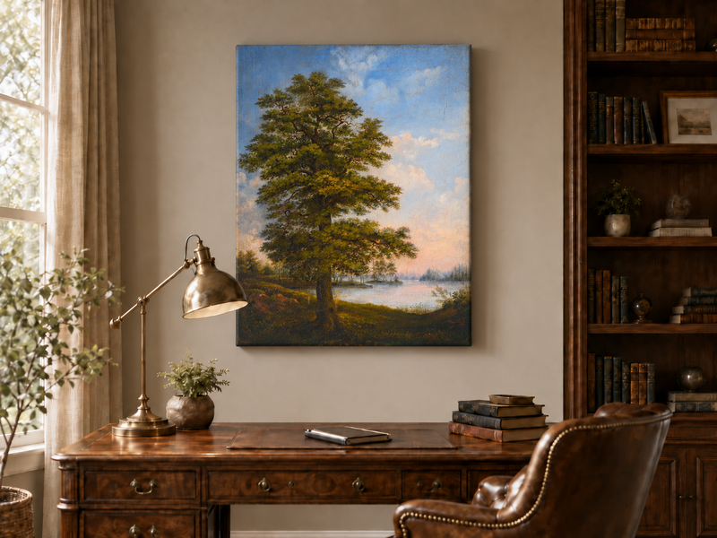 Peinture à l'huile de paysage - Arbre majestueux au bord d'un lac tranquille au coucher du soleil